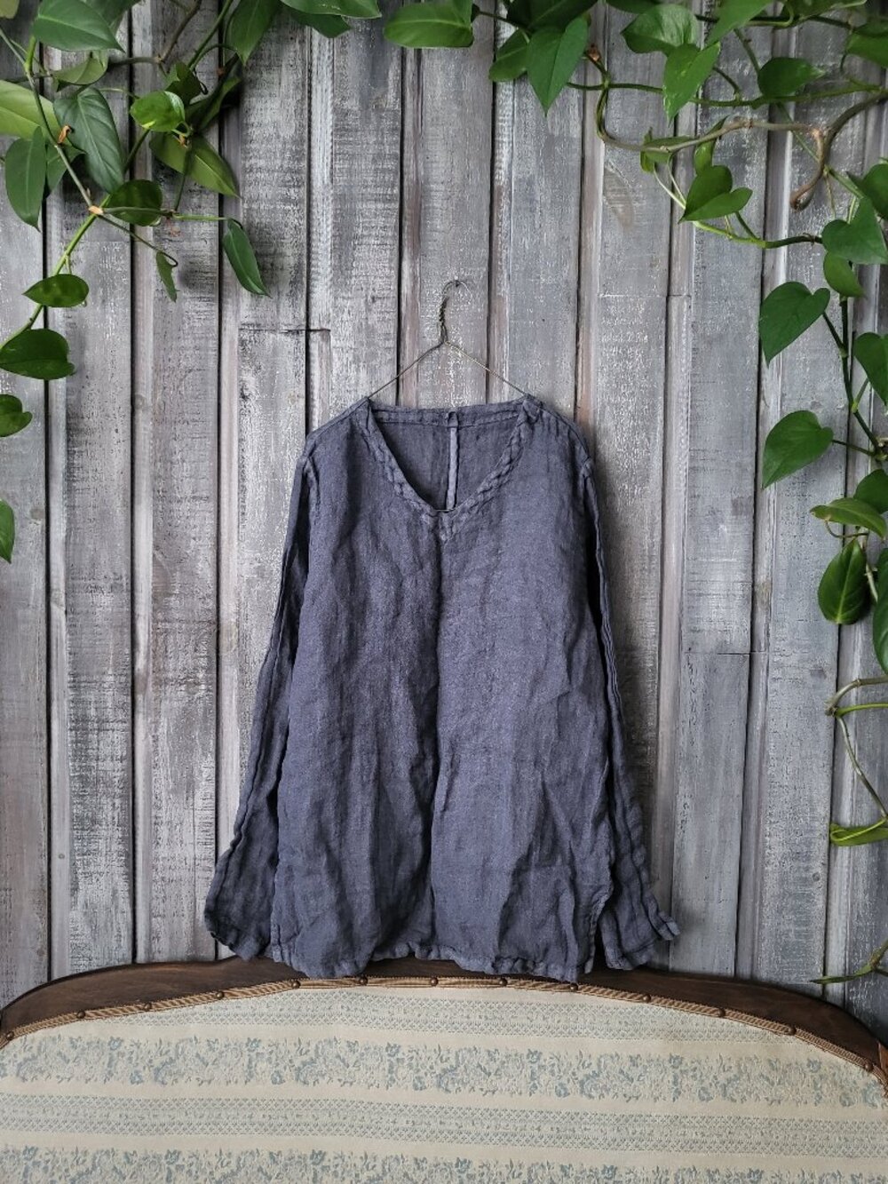 100% Linen Gauze Braided V Neck Top Long Sleeves Raw Seams Blue-Grey Medium